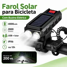 Lanterna Farol Bike Solar LED com Buzina 150dB 1500mAh Recarregável USB IPX6