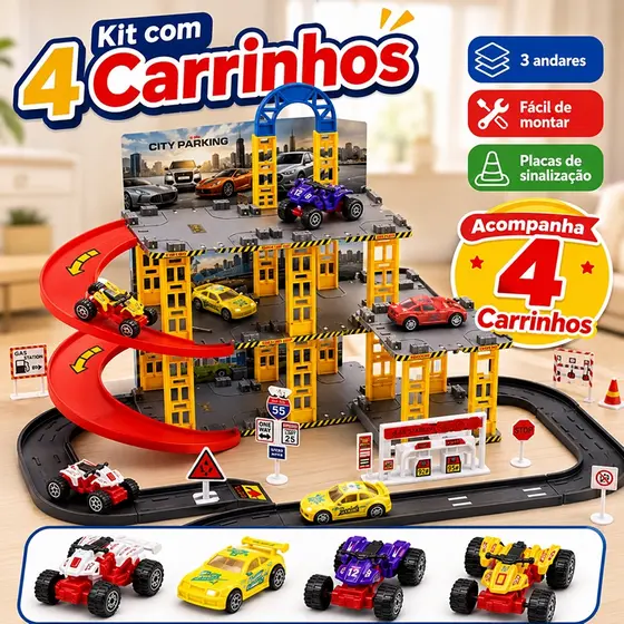 Pista de Carrinhos Garagem 3 Andares com 4 Carrinhos Brinquedo Infantil de Montar