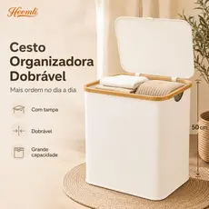 Cesto Organizador Heemli com Tampa de Bambu Dobrável para Lavanderia Sala Banheiro