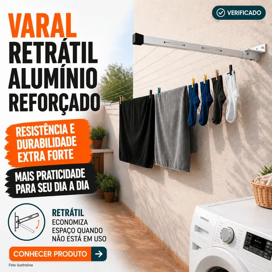 Varal Dobrável de Parede Alumínio 2 Hastes Reforçado 80kg Varal Retrátil Lavanderia Apartamento