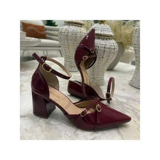 Slingback Scarpin de fivelinha Sapato Feminino De Bico Fino, Salto Grosso 6 CM