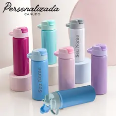 Garrafa Canudo Personalizada Nome Alumínio 600ml Alça Colors