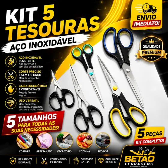 Kit 5/3 Tesouras Premium Aço Inoxidável Envio Rápido