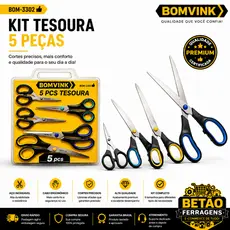 Jogo Kit Tesoura Bomvink 5/3 Peças Aço Inox Multiuso Escolar Escritório Costura Artesanato Papel EVA