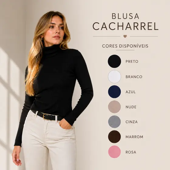 Blusa Cacharrel Feminina Segunda Pele Gola Alta Lã Canelada Manga Longa Inverno Térmica Confortável