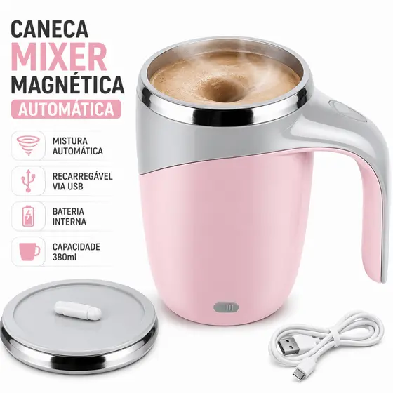 Caneca Mixer Magnética Automática USB 380ml Copo Misturador Elétrico Café Whey Protein Cappuccino
