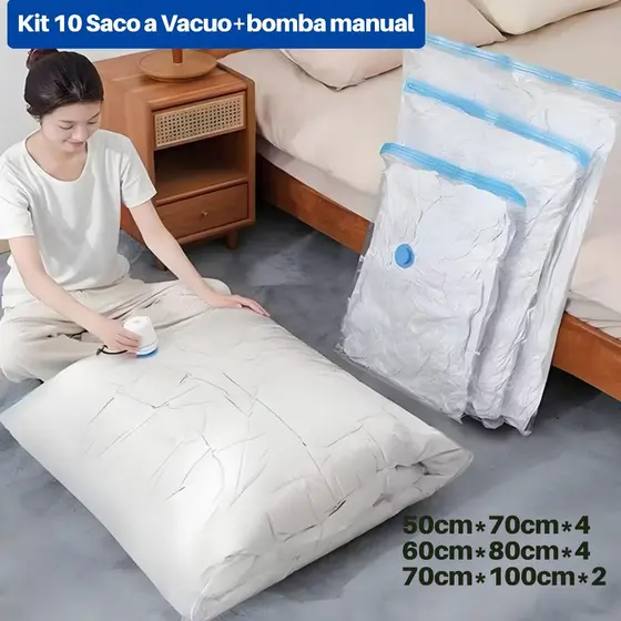 Kit 10 Saco a Vacuo + Bomba Manual Organização de Roupas Mala Viagem Organizador Guarda Roupa com