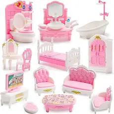 Conjunto De Móveis Rosa Em Miniatura Para Casas De Bonecas-Escala 1 : 12 , Banheiro , Sala De Estar E Quarto , Acessório