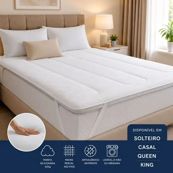 Pillow Top D18 Protetor de Colchão Extra Macio Antialérgico Micro Percal 400 Fios com Manta Siliconada 450g