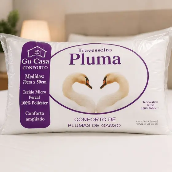 Travesseiro Pluma de Ganso 70x50cm Super Macio Conforto Extra Fibra Siliconada Antialérgico