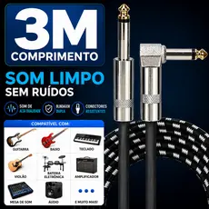 Cabo P10 3M Profissional Blindado para Guitarra Violão Baixo Teclado Bateria Eletrônica Amplificador Mesa de Som 90°