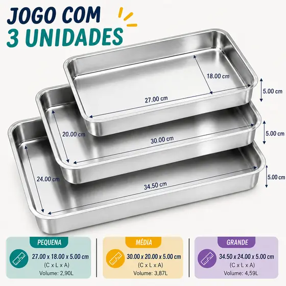 Kit com 3 Formas de Alumínio Assadeiras para Bolo Retangular