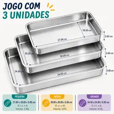 Kit com 3 Formas de Alumínio Assadeiras para Bolo Retangular
