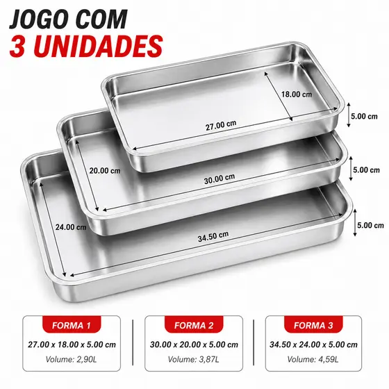 Kit com 3 Assadeiras Formas Para Bolo Retangular Alumínio