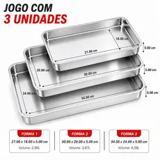 Kit com 3 Assadeiras Formas Para Bolo Retangular Alumínio