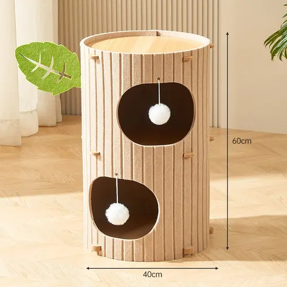Casa de Gato em Feltro Forma Tronco Duplo Andar, Abrigo Multiuso com Brinquedo de Pompom para Diversão Felina