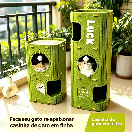 Casa de Gato Feltro 3 Andares, Torre Interativa com Arranhador, Bolinha Sino e Pompom para Diversão Felina