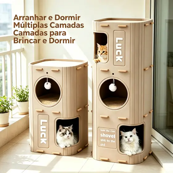 Casa Interativa para Gatos de Feltro 3 Níveis, Torre com Espaço para Descanso, Arranhador e Brinquedo Pompom