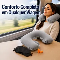 Travesseiro de Pescoço Inflável Portátil com Tapa-Olhos Para Avião e Ônibus