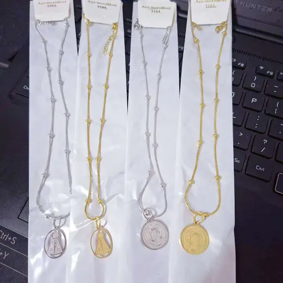 Colar + Pingente São Bento / Nossa Senhora  Aço Inoxidável  Aparecida Ajustável