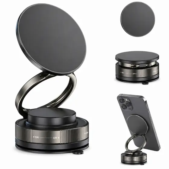 Magnetic Car Mount with Vacuum Suction Cup | 360 Adjustable Base° For Cell Phone | Strong and Compact Dashboard Fixation