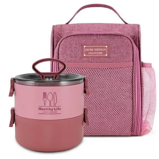 Conjunto Pote Marmita de 2 Andares e Bolsa Térmica CONCEPT Rosa Caixa De Almoço Durável Caixa Bento Para Micro-Ondas