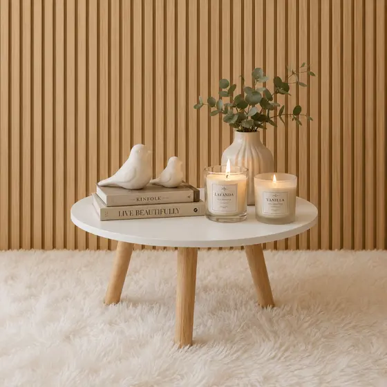 Mesa de Centro Redonda 45cm MDF Premium Pés de Pinus Decorativa Moderna Sala de Estar Nórdica