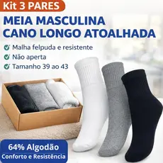 Kit 3 Pares Meia Masculina Cano Médio Atoalhada Premium Algodão Preta Branca Cinza 39 ao 43