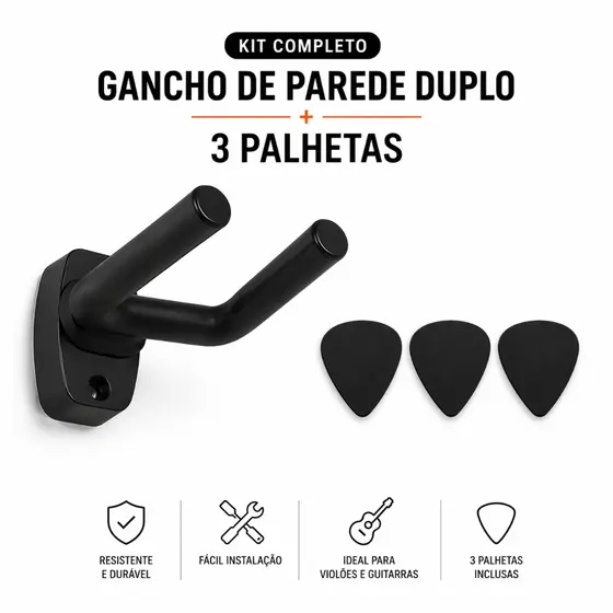 Kit Completo - Suporte de Parede Duplo para Violão/Guitarra Emborrachado + 3 Palhetas Pretas