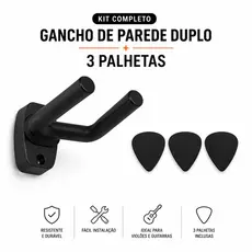 Kit Completo - Suporte de Parede Duplo para Violão/Guitarra Emborrachado + 3 Palhetas Pretas