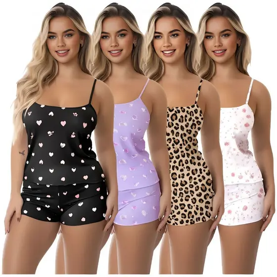 Kit 4 Conjuntos Femininos Baby Doll Pijama Short Doll Estampado Sem Bojo Original