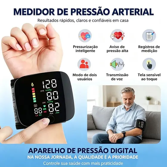 KIT Medidor Pressão Digital Recarregável De Pulso Com Voz Monitor Inteligente + Oximetro De Dedo BP Esfigmomanômetro