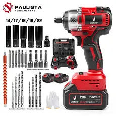 Chave de impacto/furadeira/parafusadeira elétrica de 450 Nm, motor sem escovas, inclui 23 ferramentas e 2 baterias.