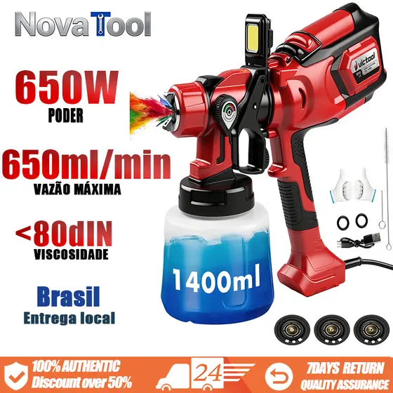 Pistola de Pintura Elétrica HVLP 650W 1400ml 127V com 3 Bicos - Profissional para Casa e Oficina