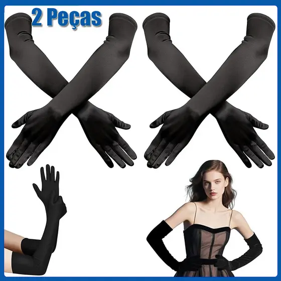 51cm Luvas de festa femininas longas para ópera luvas de cotovelo franzidas Preto