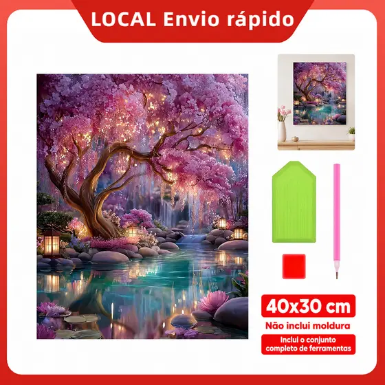 Pintura de Diamante 5D Flor rosa 40x30cm Broca Quadrada – alto relevo, brilho intenso, cores vibrantes, durável
