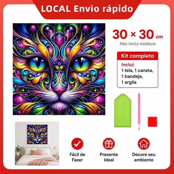 Pintura de Diamante 5D Gatos coloridos 30x30cm Broca Quadrada – alto relevo, brilho intenso, cores vibrantes, durável