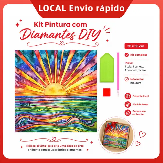 Pintura de Diamante 5D Praia Colorida 30x30cm Broca Quadrada – alto relevo, brilho intenso, cores vibrantes, durável