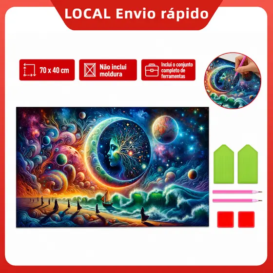 Pintura de Diamante 5D Lua à beira-mar 70x40cm Broca Quadrada – alto relevo, brilho intenso, cores vibrantes, durável