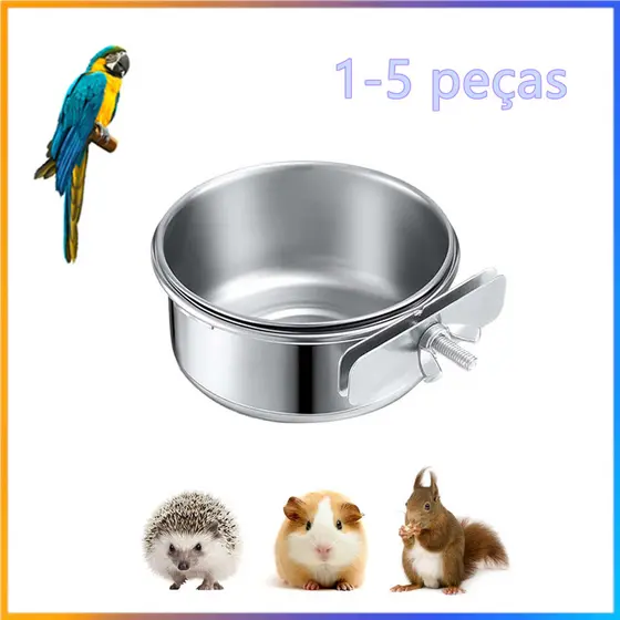 1-5 peças, tigela de alimentação de pássaros de aço inoxidável, com clipe, pia de gaiola, suporte de copo de gaiola para