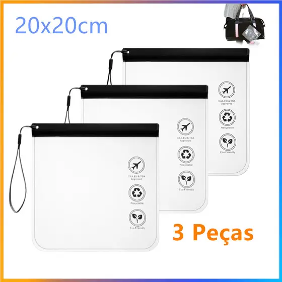 Saco impermeável transparente de 3 pces, saco de arquivo impermeável com cordão, 20x20cm reutilizável selável