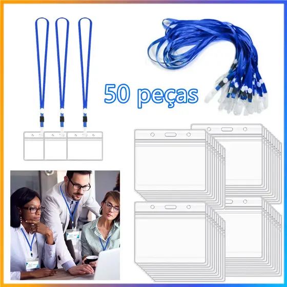 Cordão azul para porta-cartões Horizontal, pacote de 50 peças, porta-crachá, capa protetora para cartão de identificação