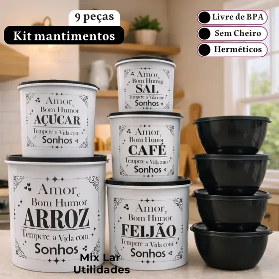 Kit organizadores de mantimentos para cozinha com 9 potes decorados