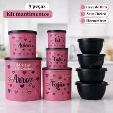 Kit com 9 potes de mantimentos para cozinha de plástico decorado