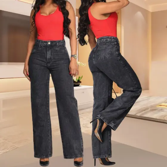 Calça Jeans Feminina Wide Leg Preta Marmorizada Cintura Alta