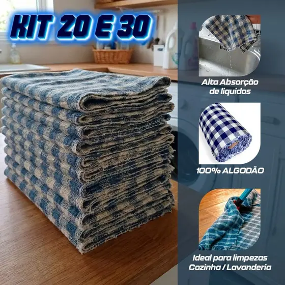 Pano de Limpeza Xadrez 100% Algodão 50x70 Kit 20 e 30 Un Alta Absorção Resistente Cozinha Secagem