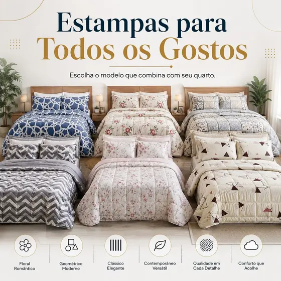 Edredom Casal Padrão e Queen Estampado Floral Macio Acolchoado Dupla Face Tecido Premium Confortável Alta Qualidade