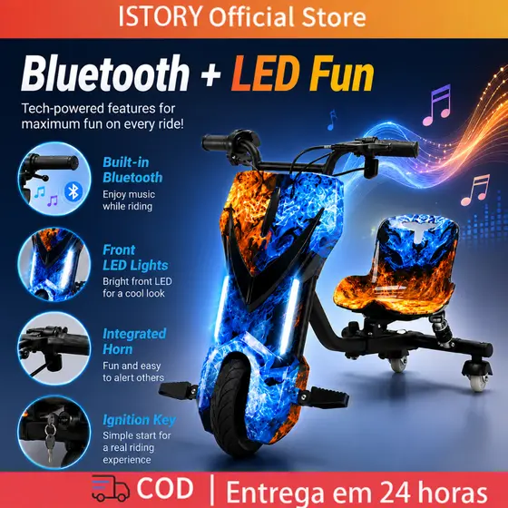 Triciclo Elétrico Drift 3 Velocidades 350w Bluetooth Led Infantil - Adulto 8 Polegadas