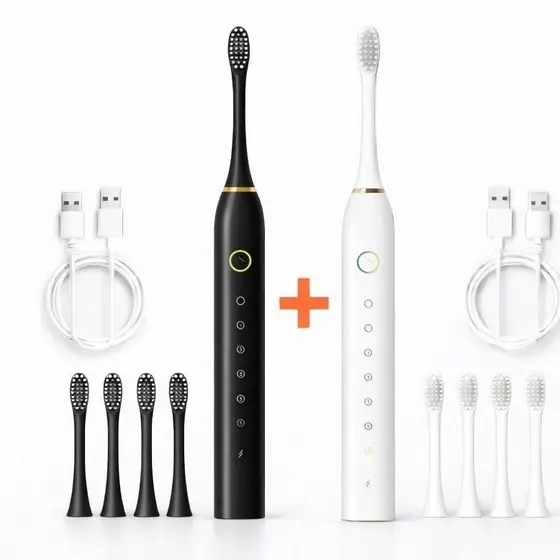 2/1 Escovas Elétricas Sônicas IPX7 + 8 Refis |  7 Modos  | Recarregável USB | Limpeza Profissional
