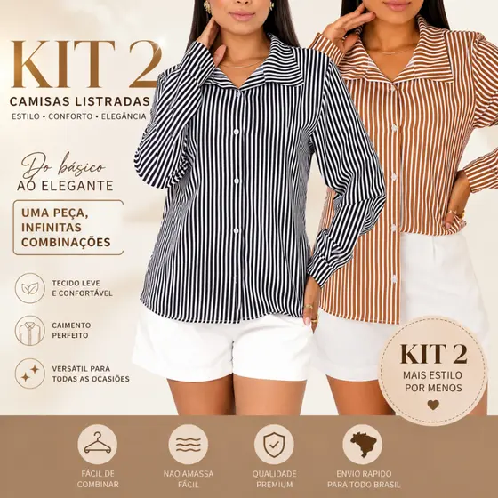 Kit 2 Camisa Feminina Listrada Social Manga Longa Elegante Crepinho Casual Escritório Premium